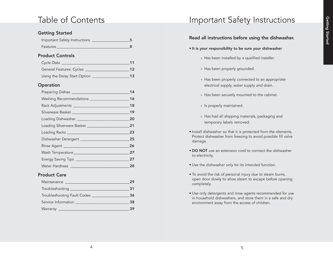 Viking VDB450E, VDB325ESS manual Table of Contents, Important Safety Instructions 