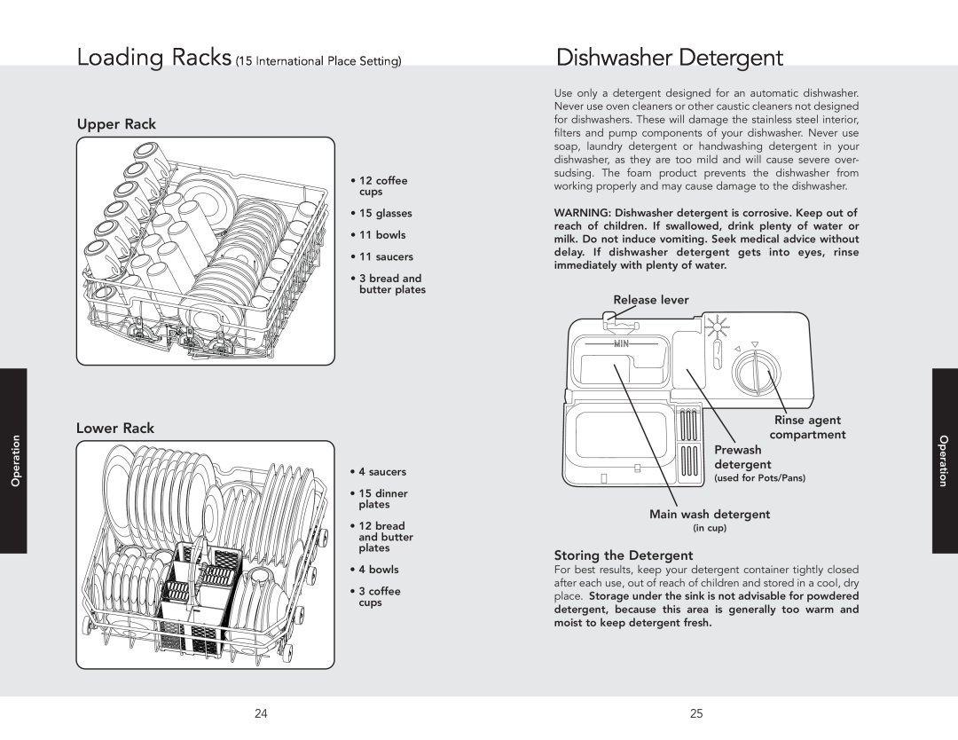 Viking VDB325ESS Dishwasher Detergent, Storing the Detergent, Loading Racks 15 International Place Setting, Upper Rack 