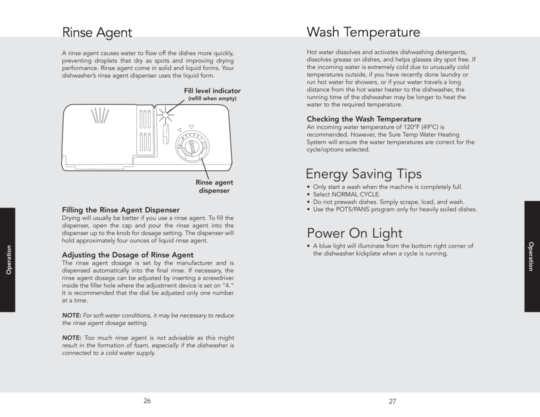Viking VDB325E Wash Temperature, Energy Saving Tips, Power On Light, Filling the Rinse Agent Dispenser, Operation 