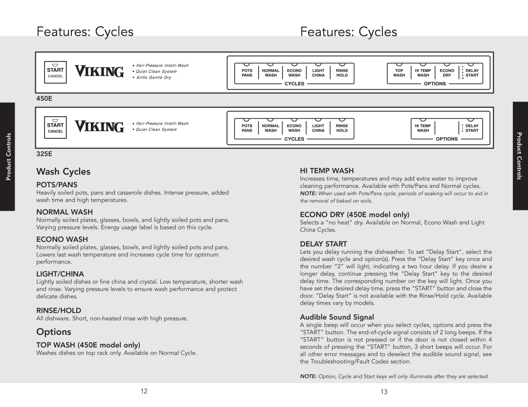 Viking VDB325ESS, VDB450E manual Features Cycles, Wash Cycles, Options 