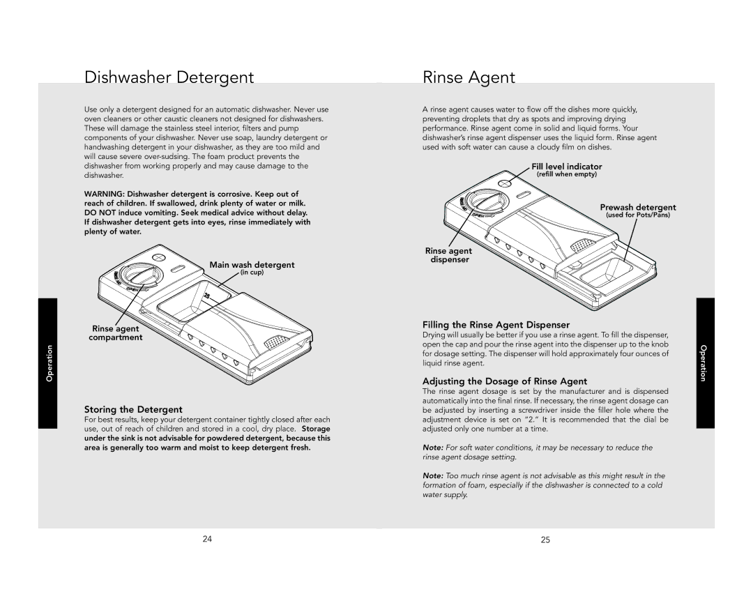 Viking VDB451SS, VDB451BK manual Dishwasher Detergent, Storing the Detergent, Filling the Rinse Agent Dispenser 