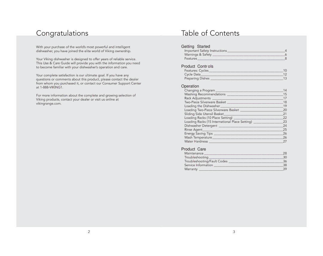 Viking VDB451BK, VDB451SS manual Congratulations, Table of Contents 