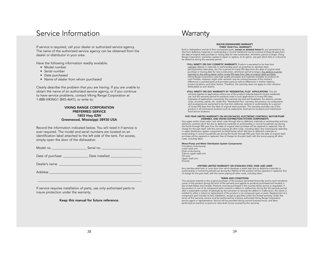 Viking VDB451SS, VDB451BK manual Service Information, Warranty 