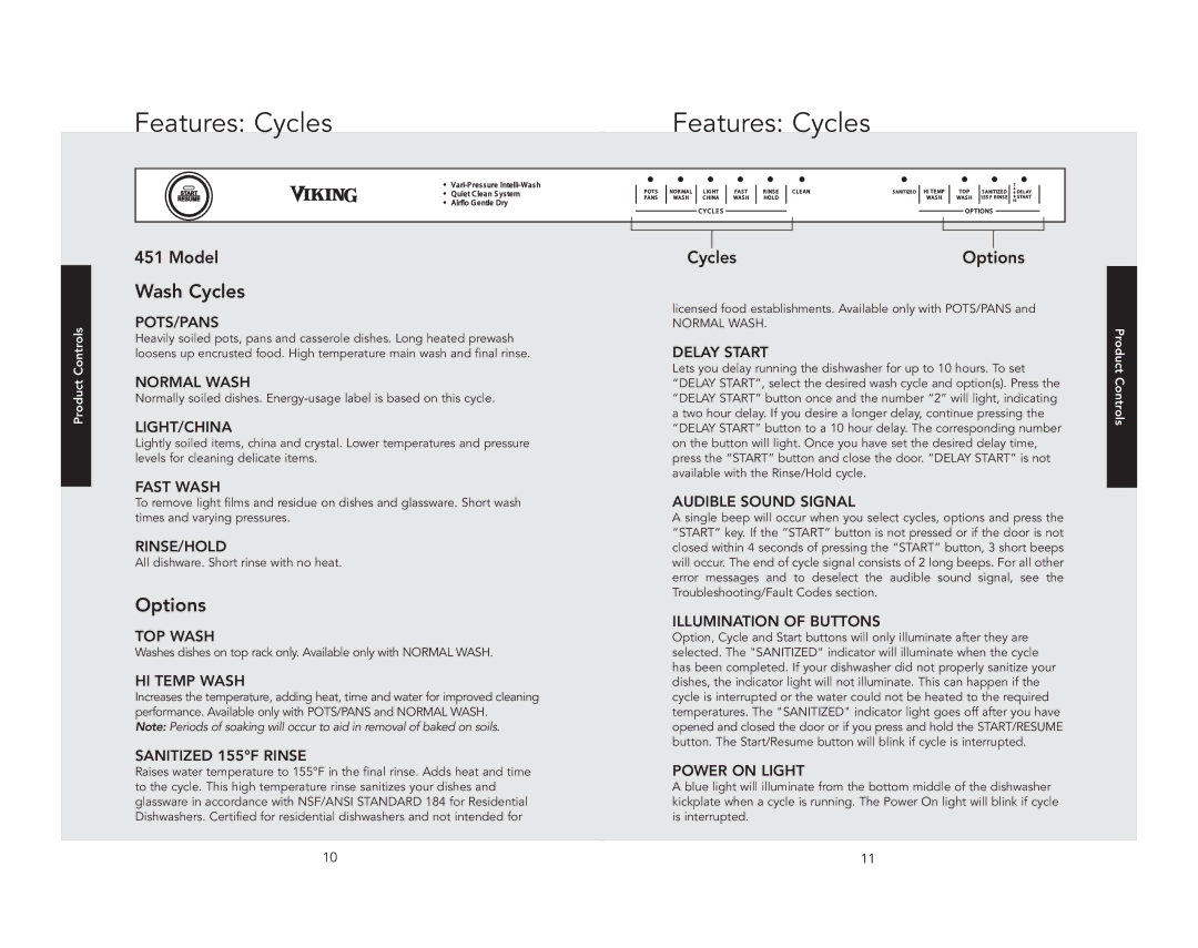 Viking VDB451BK, VDB451SS manual Features Cycles, Product Controls 