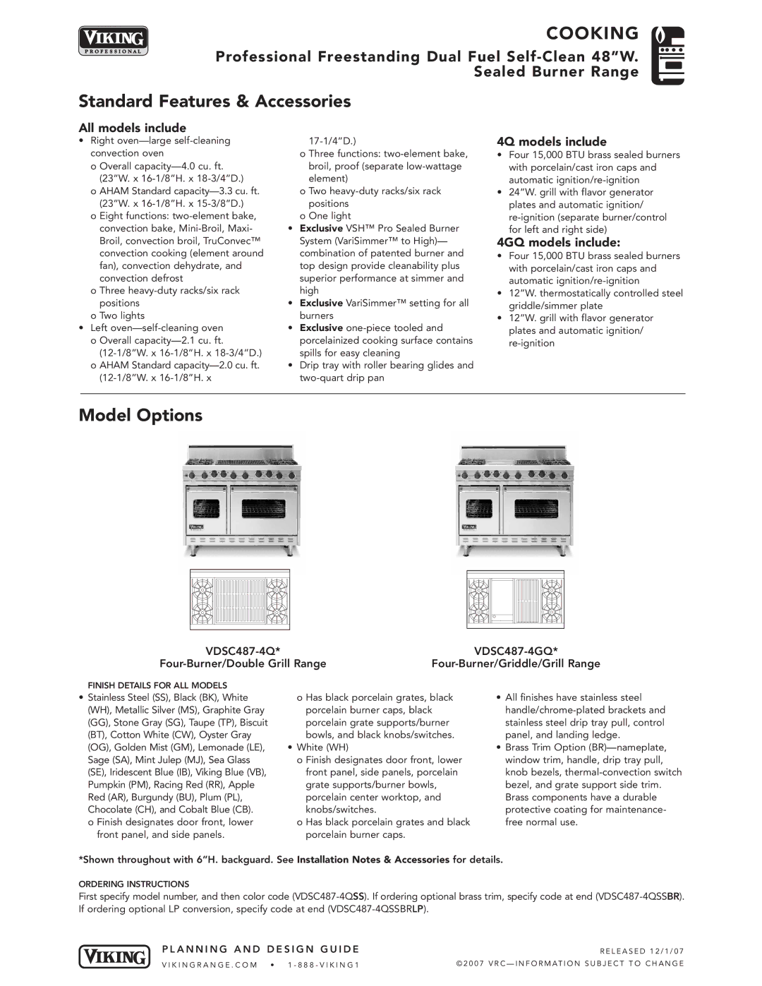 Viking VDSC manual 4Q models include, 4GQ models include 