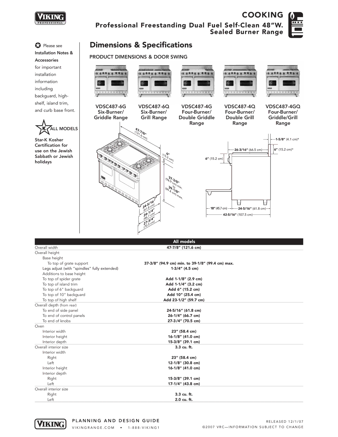 Viking VDSC manual Dimensions & Specifications, Product Dimensions & Door Swing, A N N I N G a N D D E S I G N G U I D E 