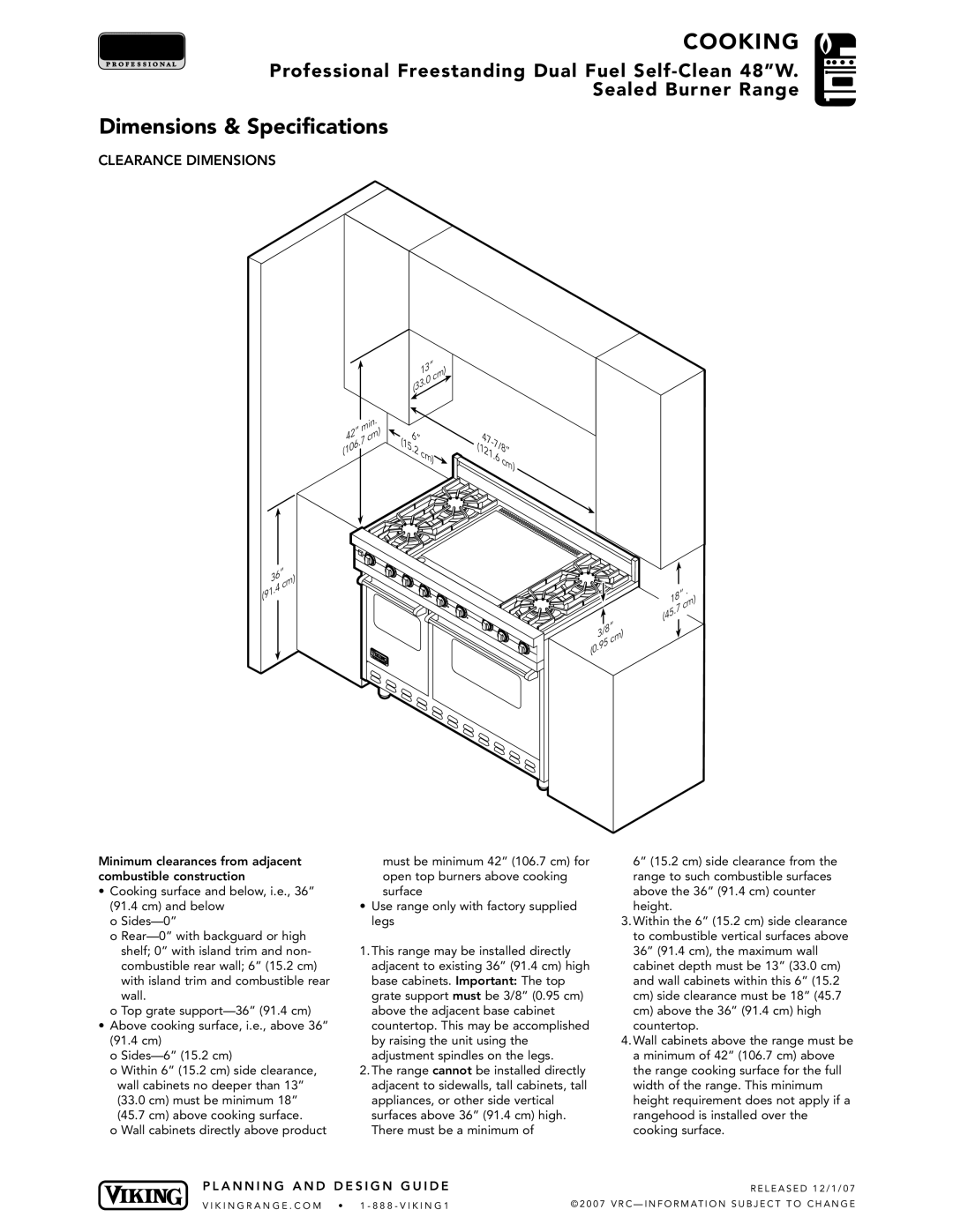 Viking VDSC manual Clearance Dimensions 