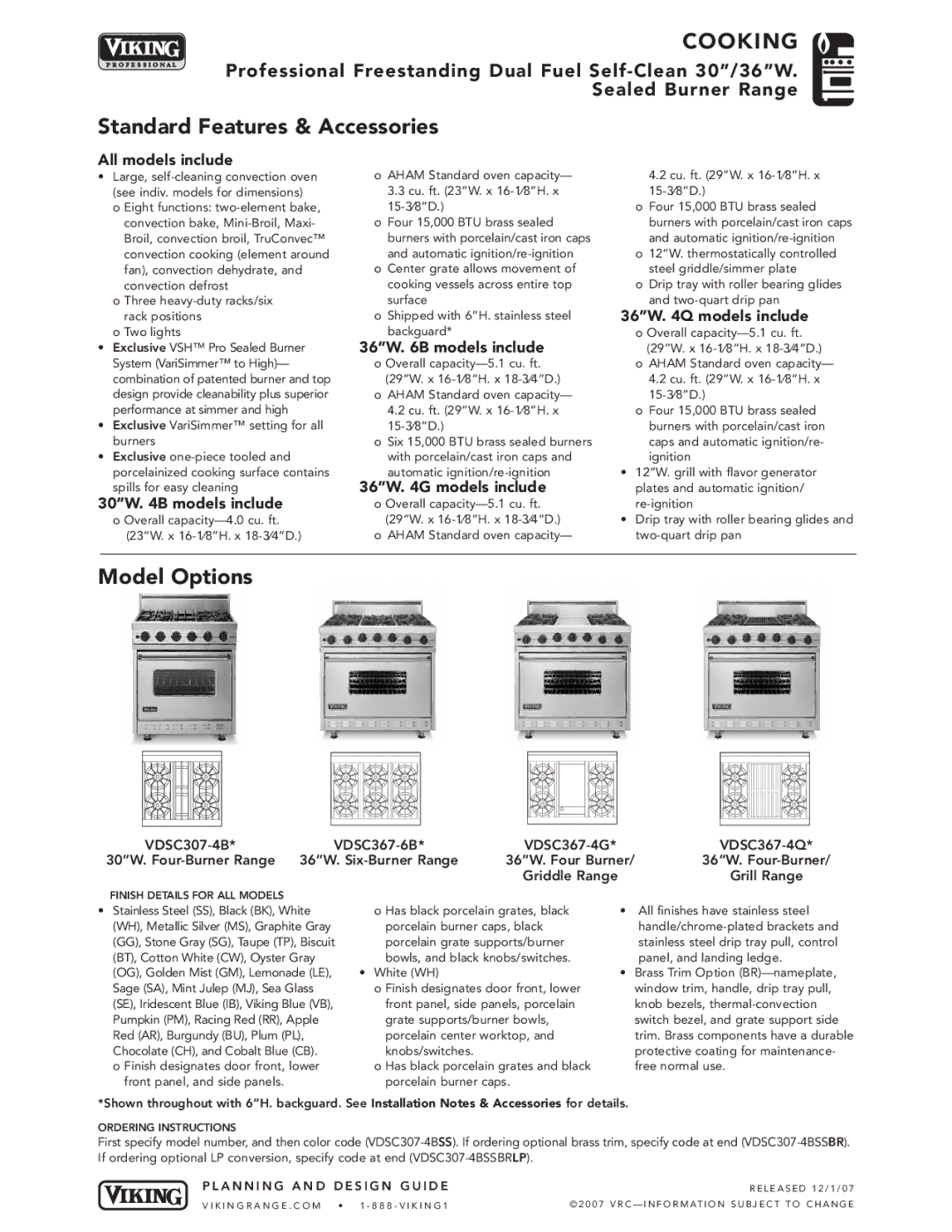 Viking VDSC367-6B, VDSC367-4G, VDSC367-4Q dimensions Standard Features & Accessories, Model Options 