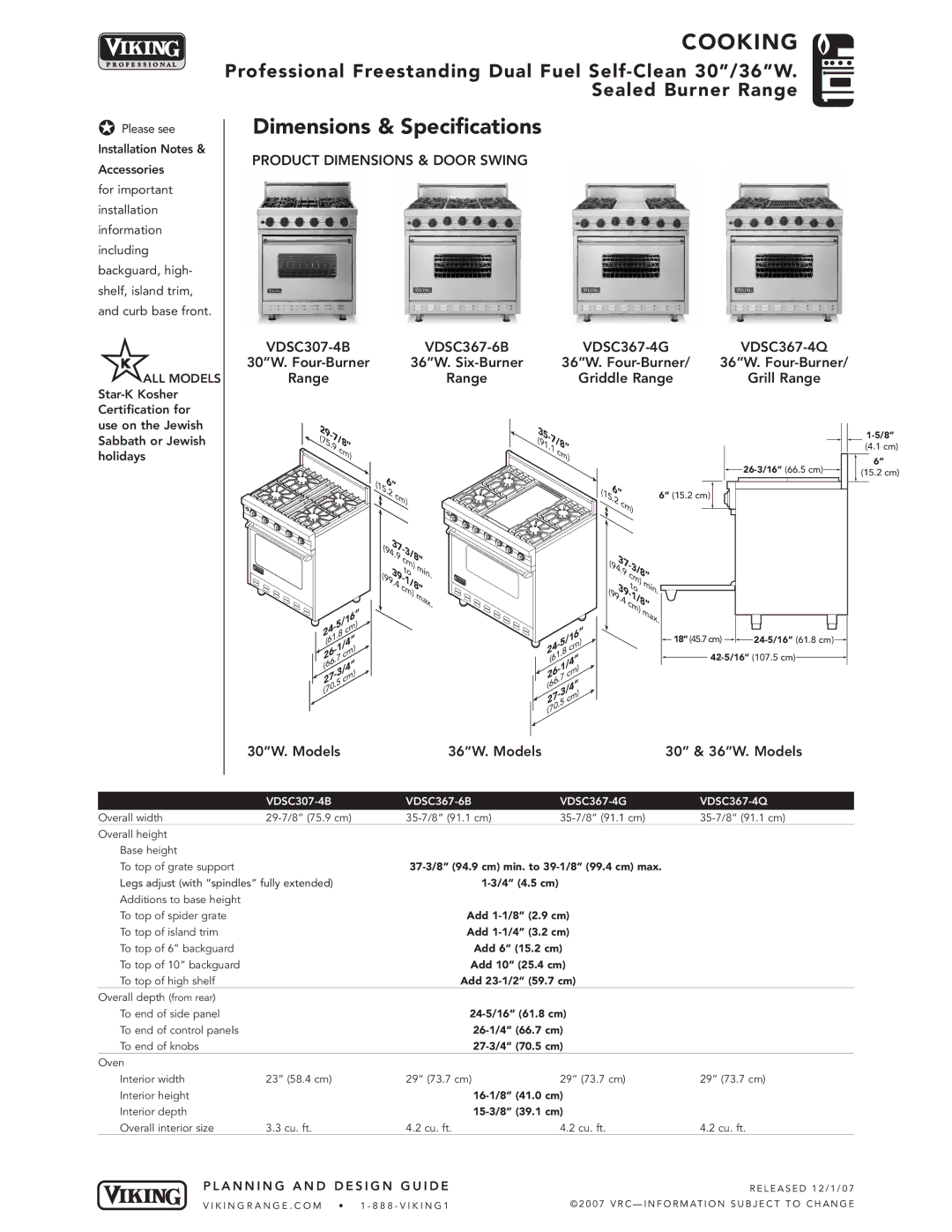 Viking VDSC367-4Q, VDSC367-4G, VDSC367-6B dimensions Dimensions & Specifications, 17/8 