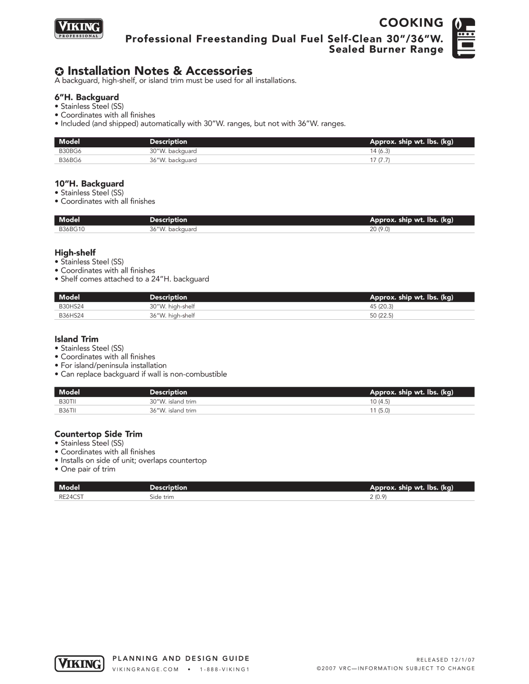 Viking VDSC367-4Q, VDSC367-4G, VDSC367-6B dimensions Installation Notes & Accessories 