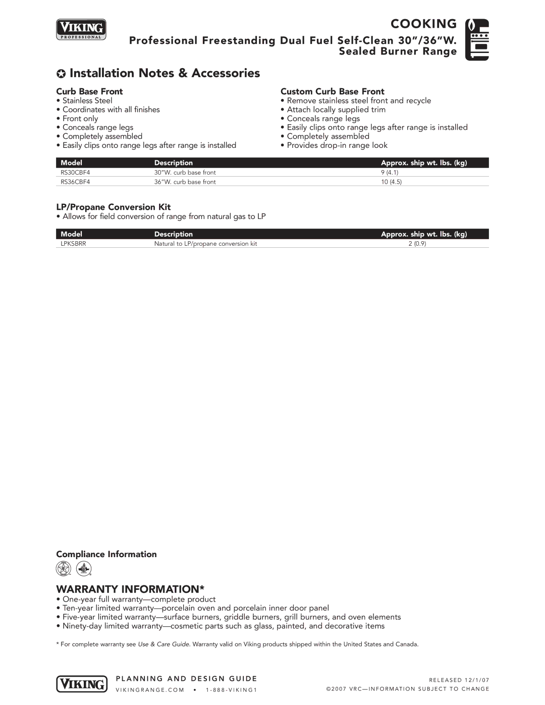 Viking VDSC367-4G, VDSC367-6B Curb Base Front Custom Curb Base Front, LP/Propane Conversion Kit, Compliance Information 