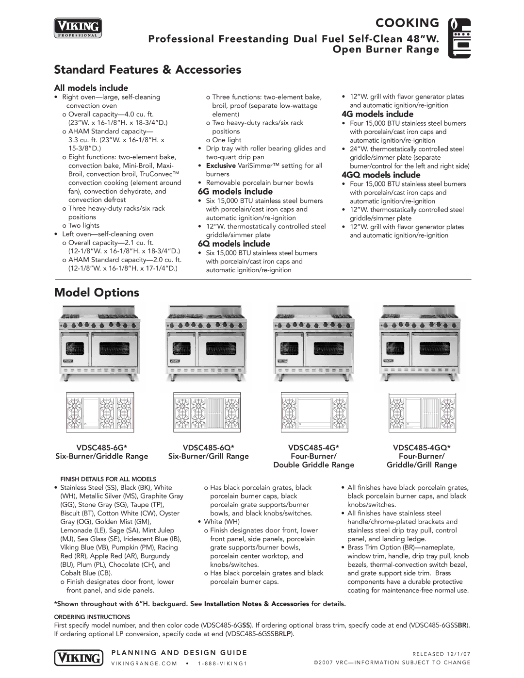 Viking VDSC485-4G*, VDSC485-6G*, VDSC485-6Q*, VDSC485-4GQ* manual Standard Features & Accessories, Model Options 