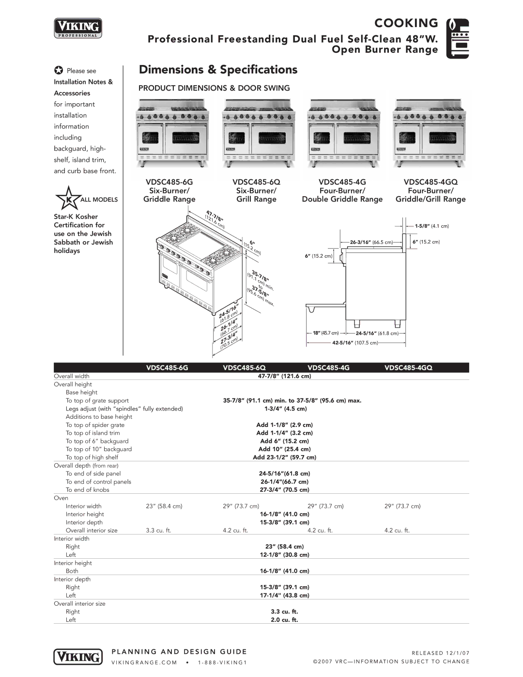 Viking VDSC485-6Q*, VDSC485-6G*, VDSC485-4G* manual Dimensions & Specifications, A N N I N G a N D D E S I G N G U I D E 