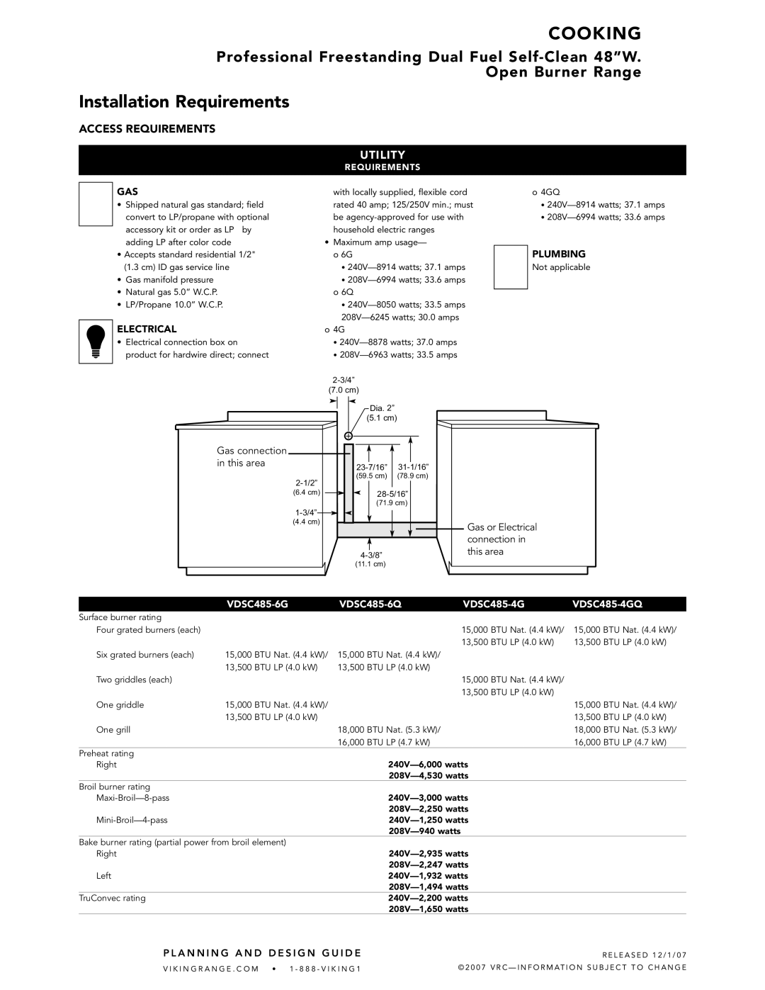 Viking VDSC485-6G*, VDSC485-4G*, VDSC485-6Q*, VDSC485-4GQ* manual Installation Requirements, Gas, Electrical, Plumbing 