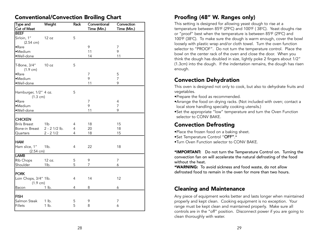 Viking VDSC4874GQWH, VDSC365 Conventional/Convection Broiling Chart, Proofing 48 W. Ranges only, Convection Dehydration 