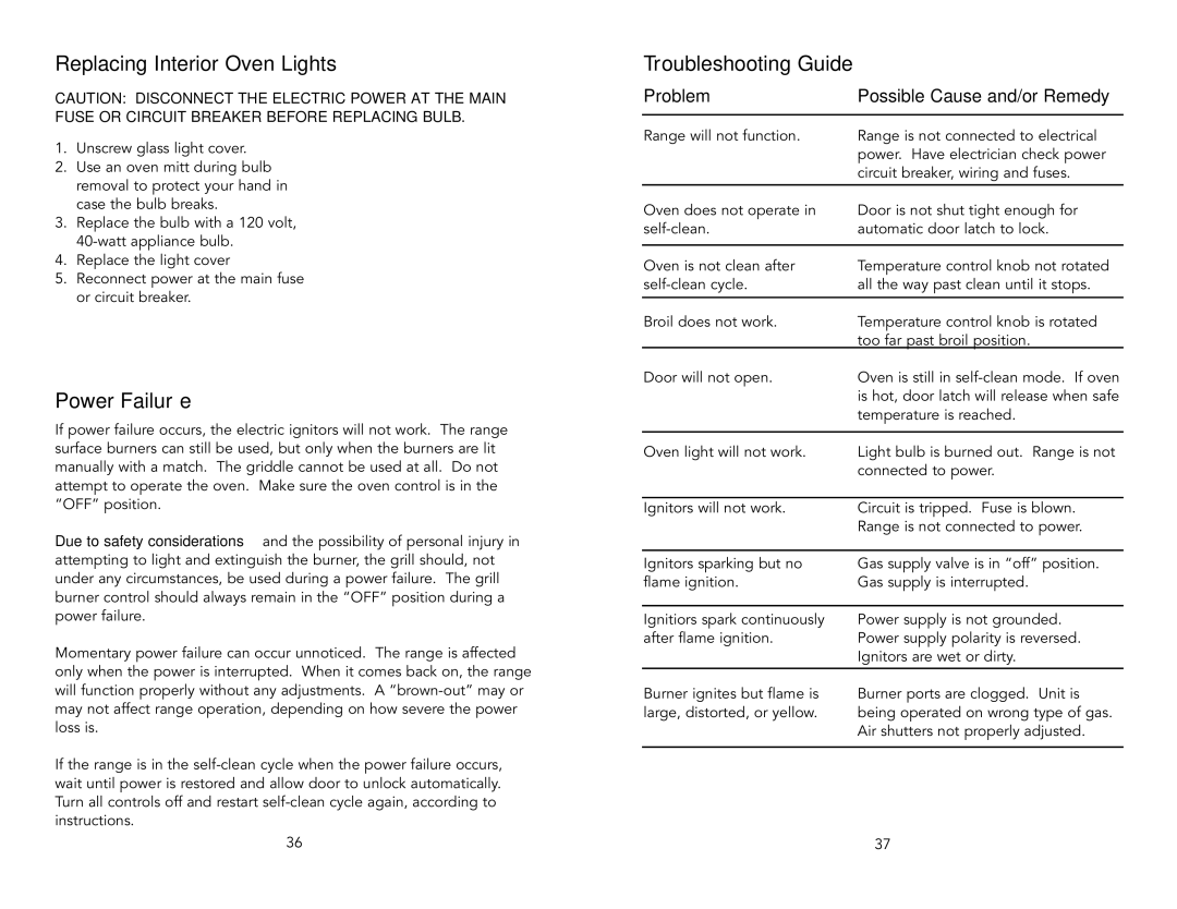 Viking VDSC4856QLE, VDSC4876GSG, VDSC3654GBK manual Replacing Interior Oven Lights, Power Failure, Troubleshooting Guide 