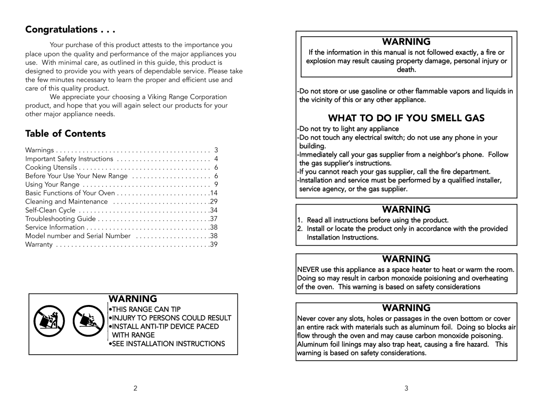 Viking VDSC4876GSG, VDSC4856QLE, VDSC3654GBK, VDSC4876QBK, VDSC4874GQWH, F20143D manual Congratulations, Table of Contents 