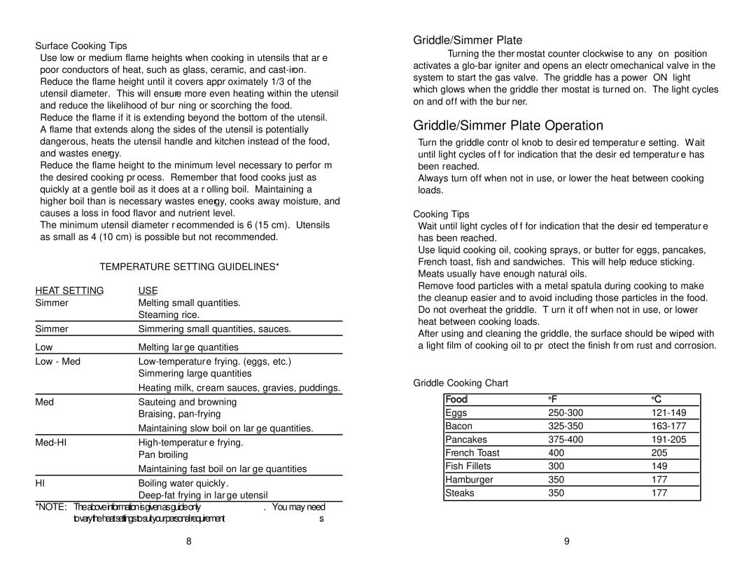 Viking VDSC365, VDSC4856QLE, VDSC487, F20143D Griddle/Simmer Plate Operation, Surface Cooking Tips, Griddle Cooking Chart 