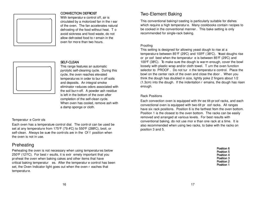 Viking VDSC4856QLE, VDSC4876GSG, VDSC365 Preheating, Two-Element Baking, Temperature Controls, Proofing, Rack Positions 