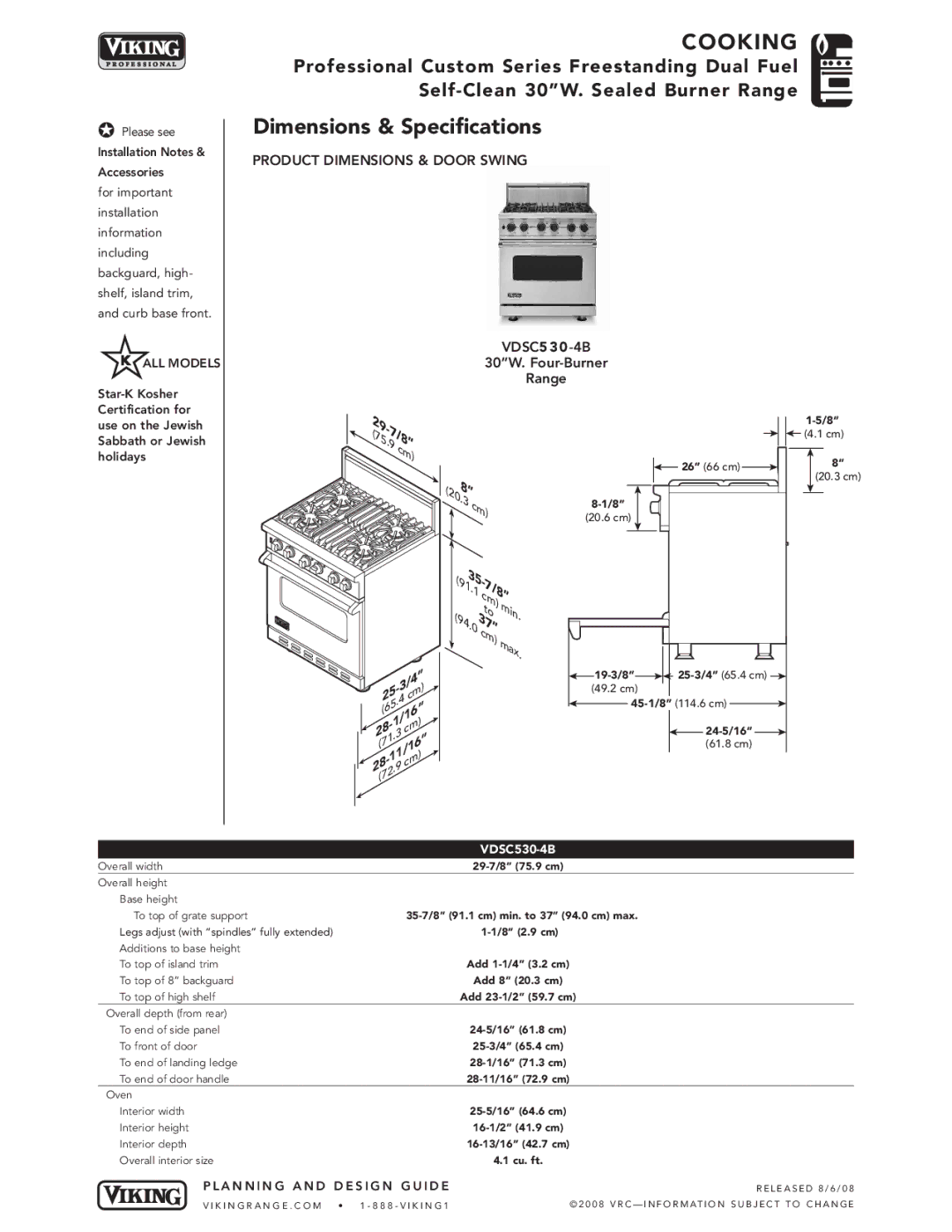 Viking VDSC530-4B manual Cooking, Dimensions & Specifications, Product Dimensions & Door Swing 