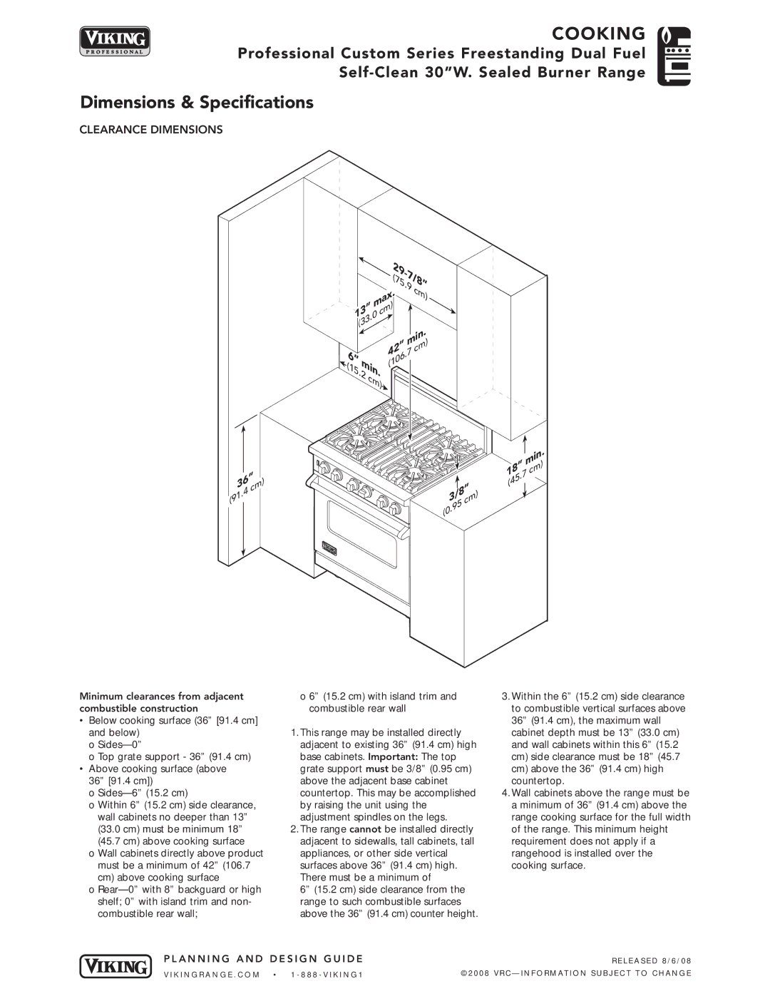 Viking VDSC530-4B manual Clearance Dimensions 