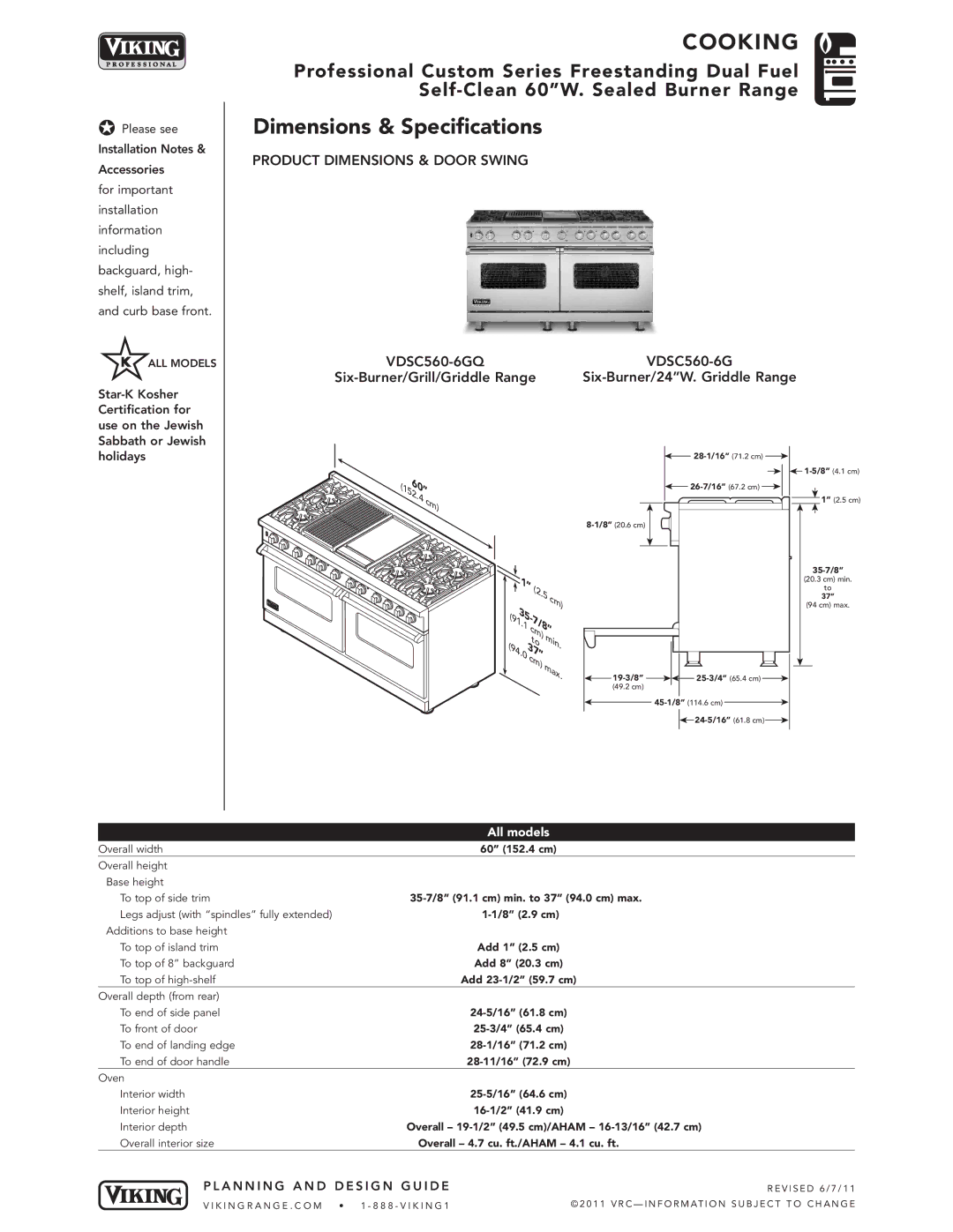 Viking VDSC560-6GQSS manual Cooking, Dimensions & Specifications, All models 