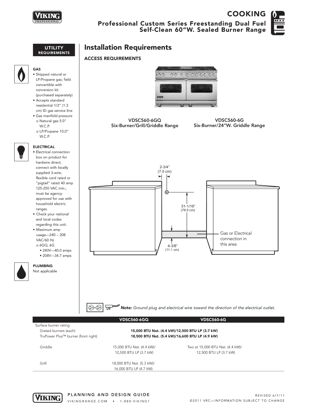 Viking VDSC560-6GQSS manual Installation Requirements 