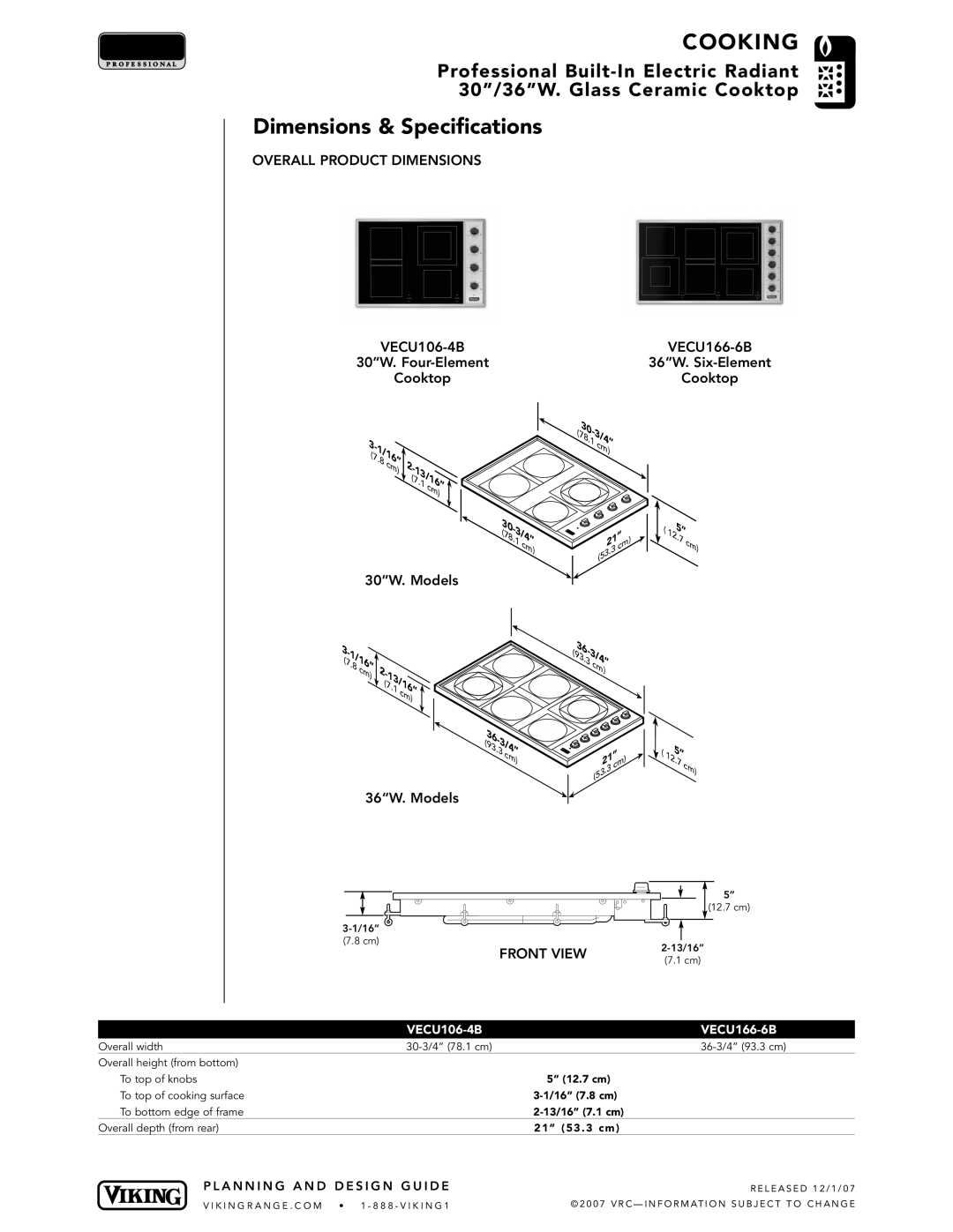 Viking VECU manual Dimensions & Specifications, Overall Product Dimensions, Front View 