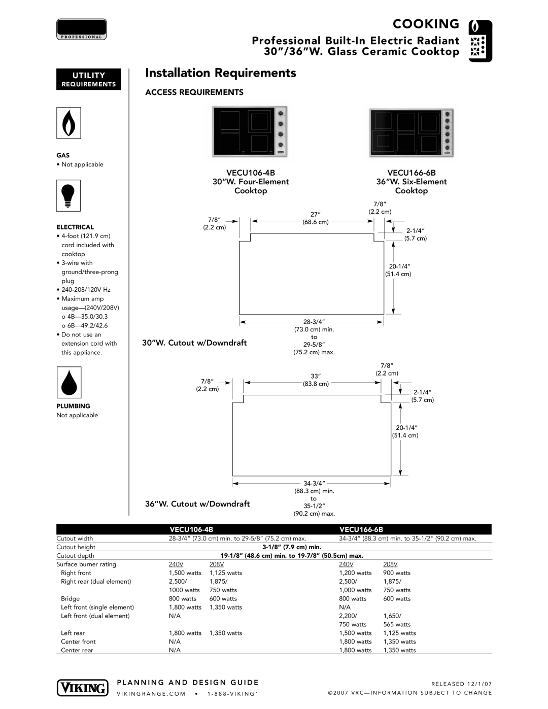 Viking manual Installation Requirements, VECU106-4B, 30W. Four-Element 36W. Six-Element Cooktop 