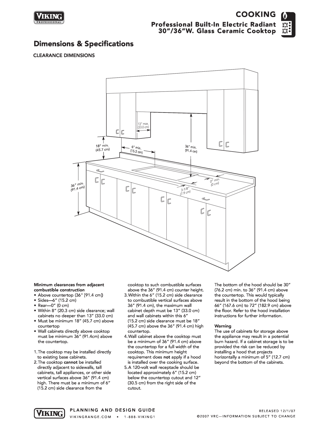 Viking VECU manual Clearance Dimensions, Cooking, Dimensions & Specifications 