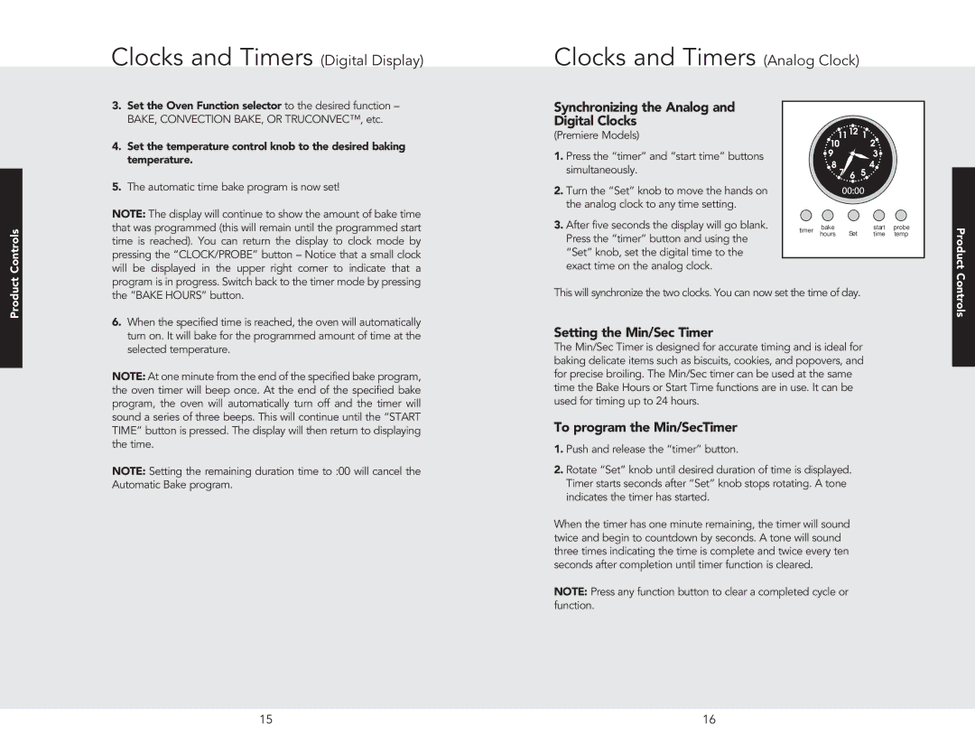 Viking F20362B, VEDO1272BK, VEDO1272SS, VESO127BK Synchronizing the Analog and Digital Clocks, To program the Min/SecTimer 