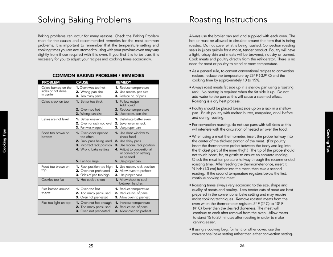 Viking DESO527SS, VEDO1272BK, VEDO1272SS, VESO127BK, VESO1272, VESO127SS manual Solving Baking Problems, Roasting Instructions 