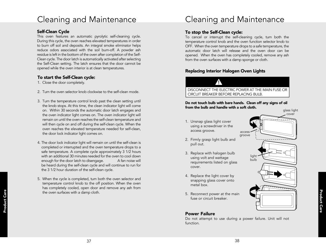 Viking DESO127SS, VEDO1272BK Self-Clean Cycle, To start the Self-Clean cycle, To stop the Self-Clean cycle, Power Failure 