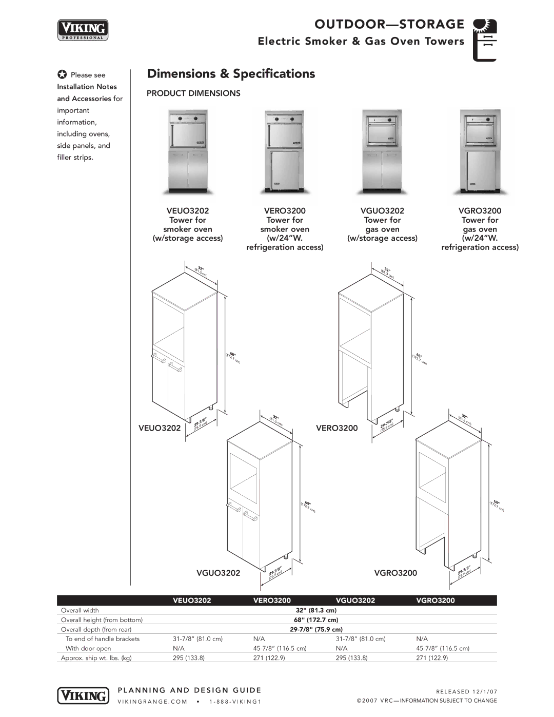 Viking VGUO3202***, VERO3200** manual Dimensions & Specifications, Product Dimensions, VEUO3202 VERO3200 VGUO3202 VGRO3200 