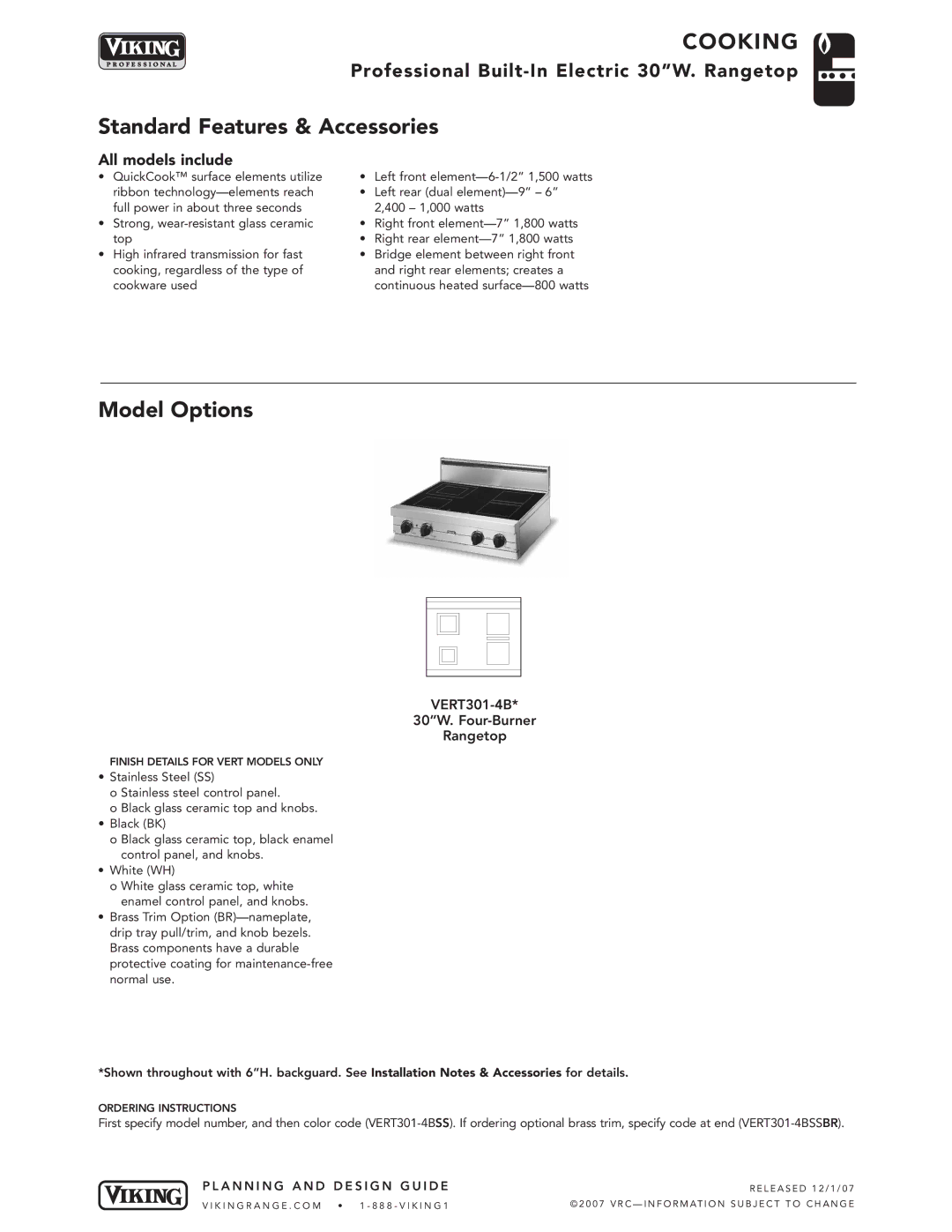 Viking VERT301-4B manual Standard Features & Accessories, Model Options, All models include 