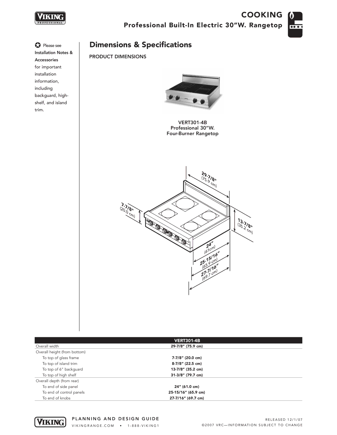 Viking VERT301-4B manual Dimensions & Specifications, 27/8 