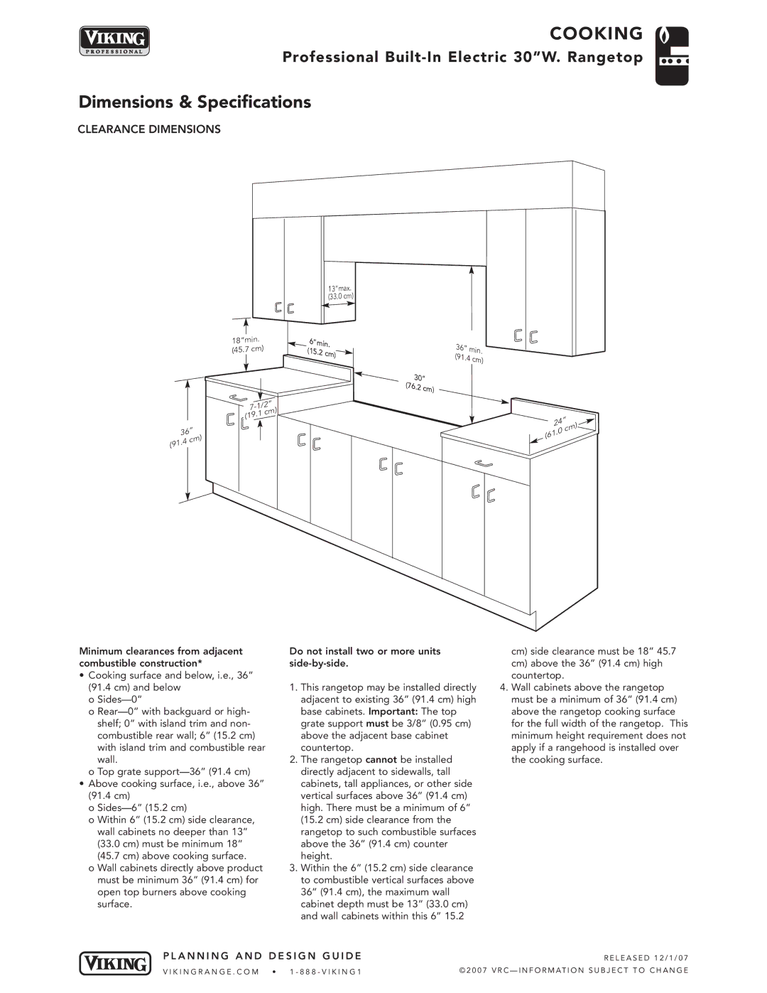 Viking VERT301-4B manual Clearance Dimensions 