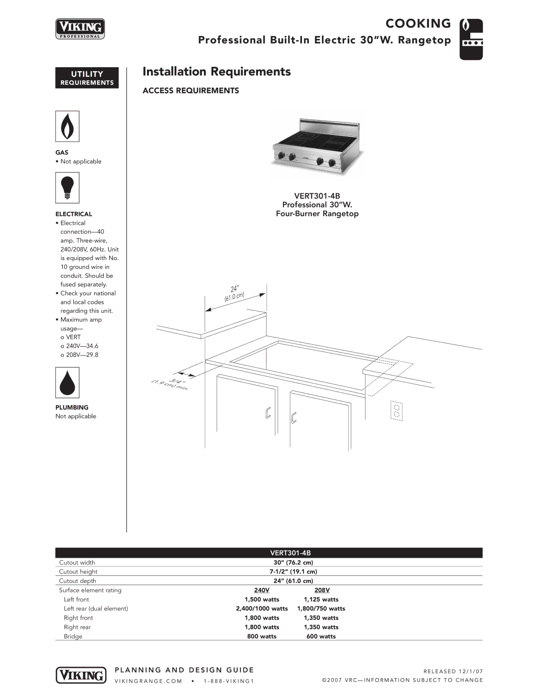 Viking VERT301-4B manual Installation Requirements, Utility 