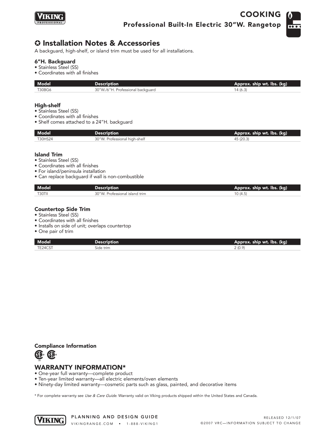 Viking VERT301-4B manual Installation Notes & Accessories 