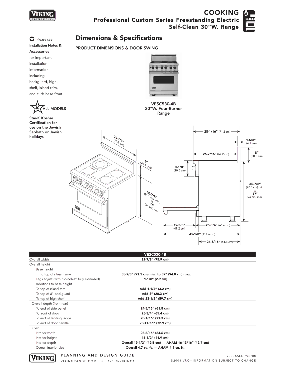 Viking VESC30-4B manual Cooking, Dimensions & Specifications, Product Dimensions & Door Swing 