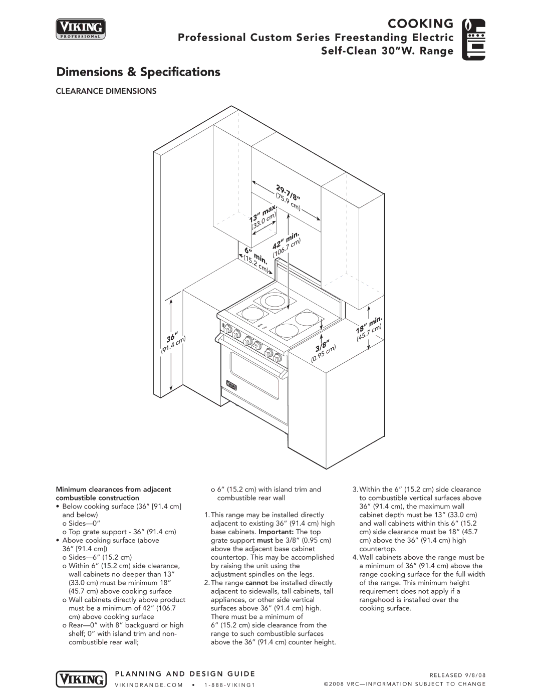 Viking VESC30-4B manual Clearance Dimensions 