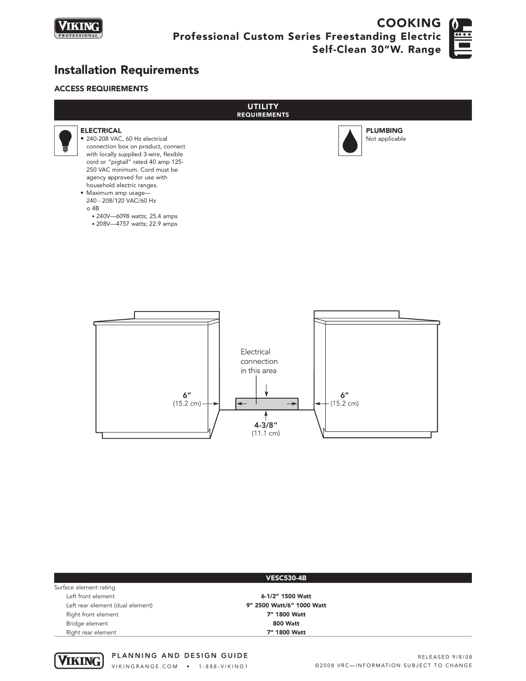 Viking VESC30-4B manual Installation Requirements, Utility 