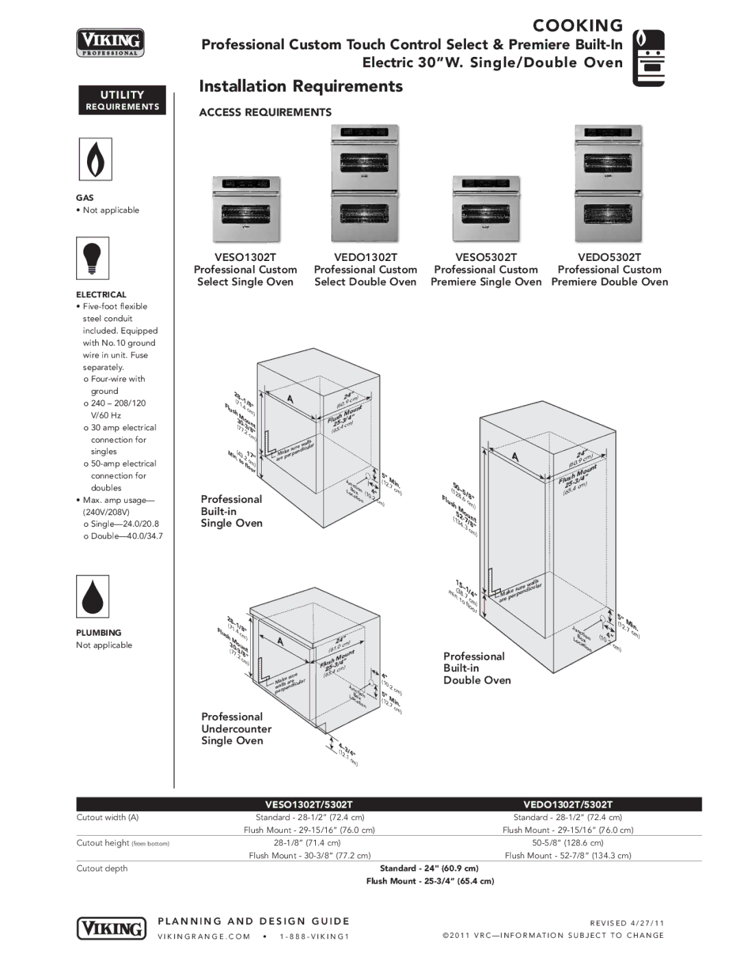 Viking manual Installation Requirements, VESO1302T VEDO1302T VESO5302T VEDO5302T, Professional Built-in Single Oven 