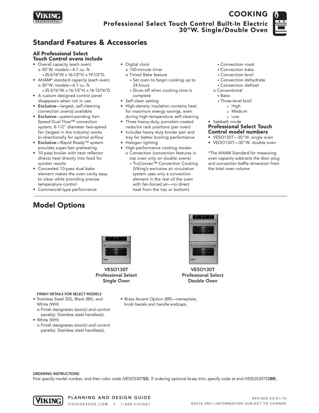 Viking VESO130SS manual Standard Features & Accessories, Model Options, Professional Select Touch, Control model numbers 