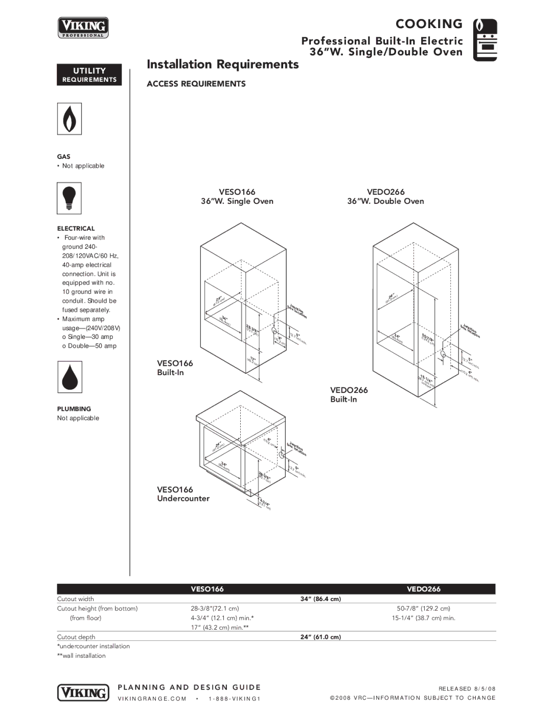 Viking manual Installation Requirements, VESO166 Built-In, VEDO266 Built-In, Undercounter 