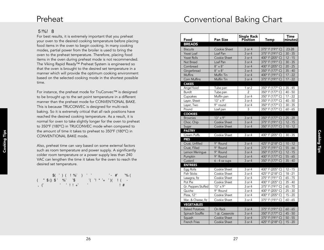 Viking VEDO527, VESO5302SS, VESO5302LE, VESO5272SS, VESO5302IB, VESO130SS, VESO1302TSS manual Preheat, Conventional Baking Chart 