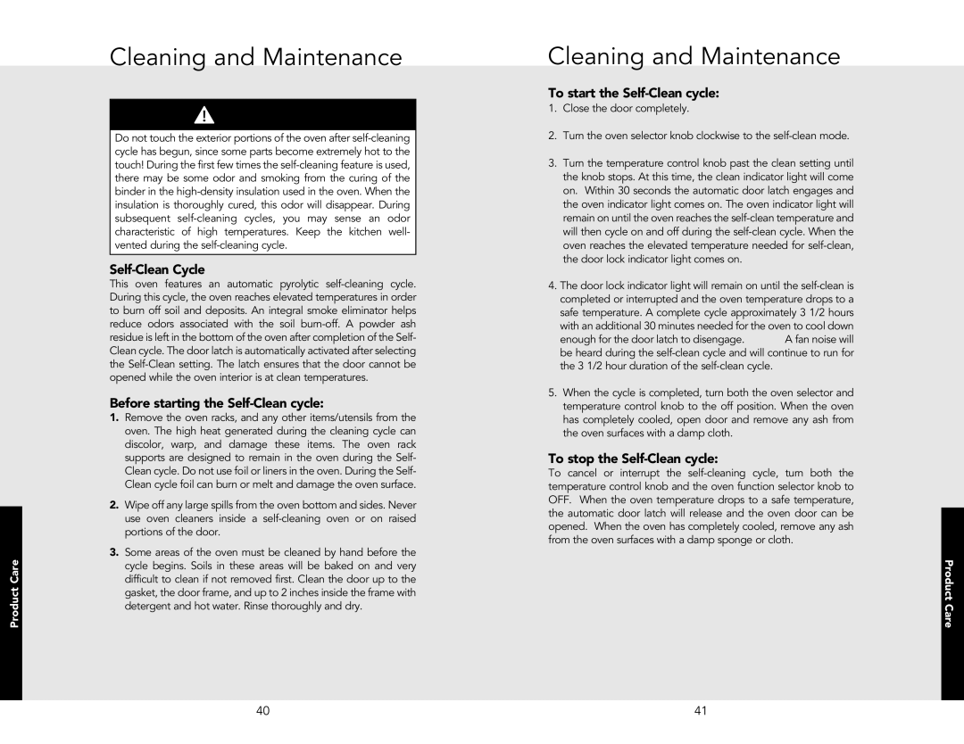 Viking VESO5272SS, VESO5302SS manual Self-Clean Cycle, Before starting the Self-Clean cycle, To start the Self-Clean cycle 