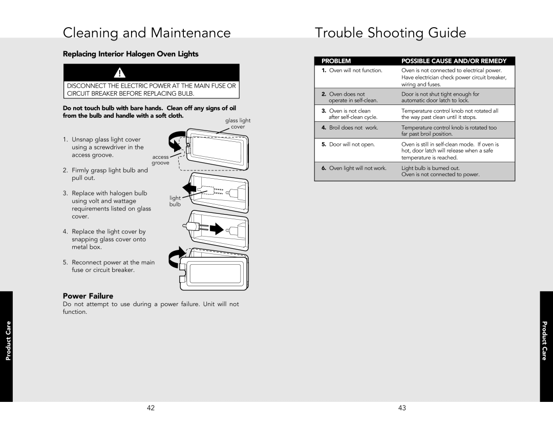 Viking VESO5302IB, VESO5302SS, VESO5302LE Trouble Shooting Guide, Replacing Interior Halogen Oven Lights, Power Failure 