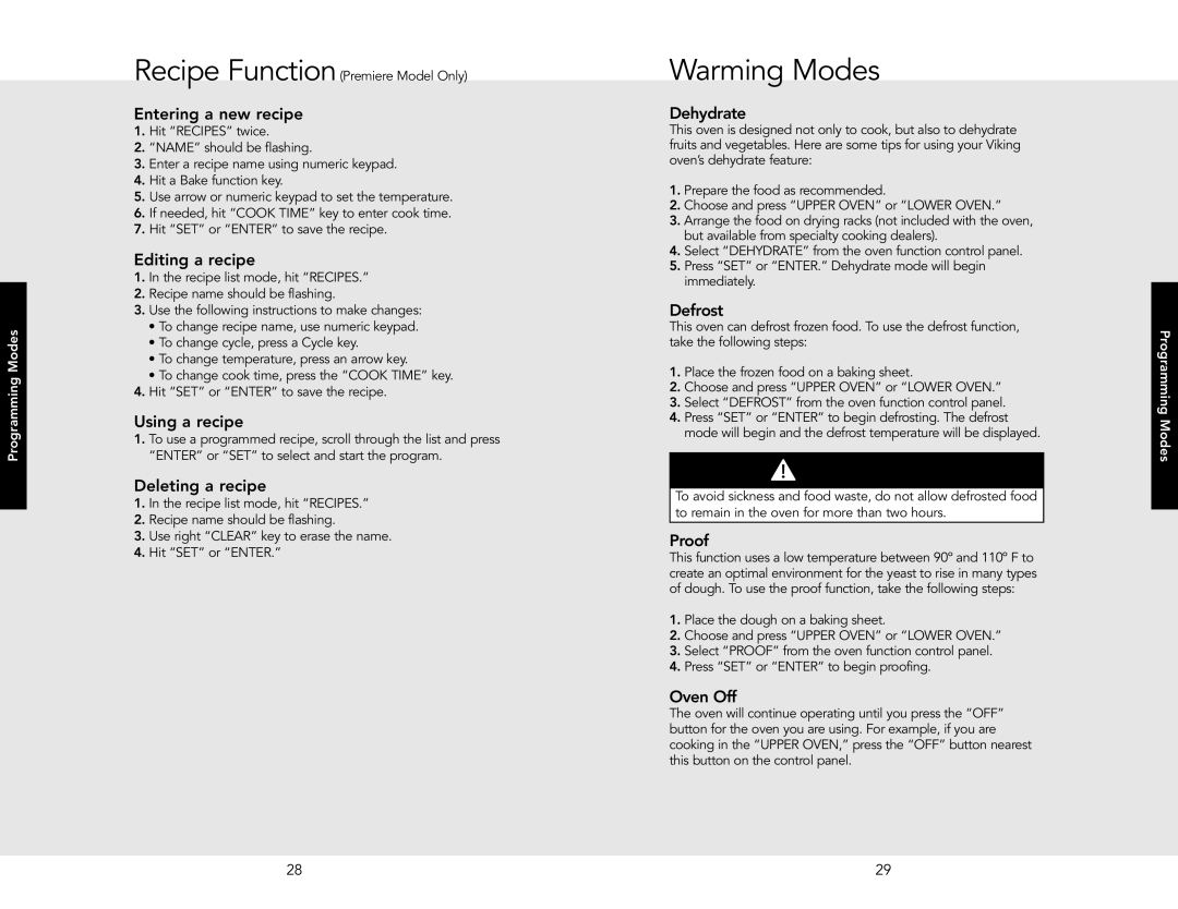 Viking VESO5302TAR, VESO5302TSS, VEDO5302TBU, VEDO5302TSS manual Warming Modes 