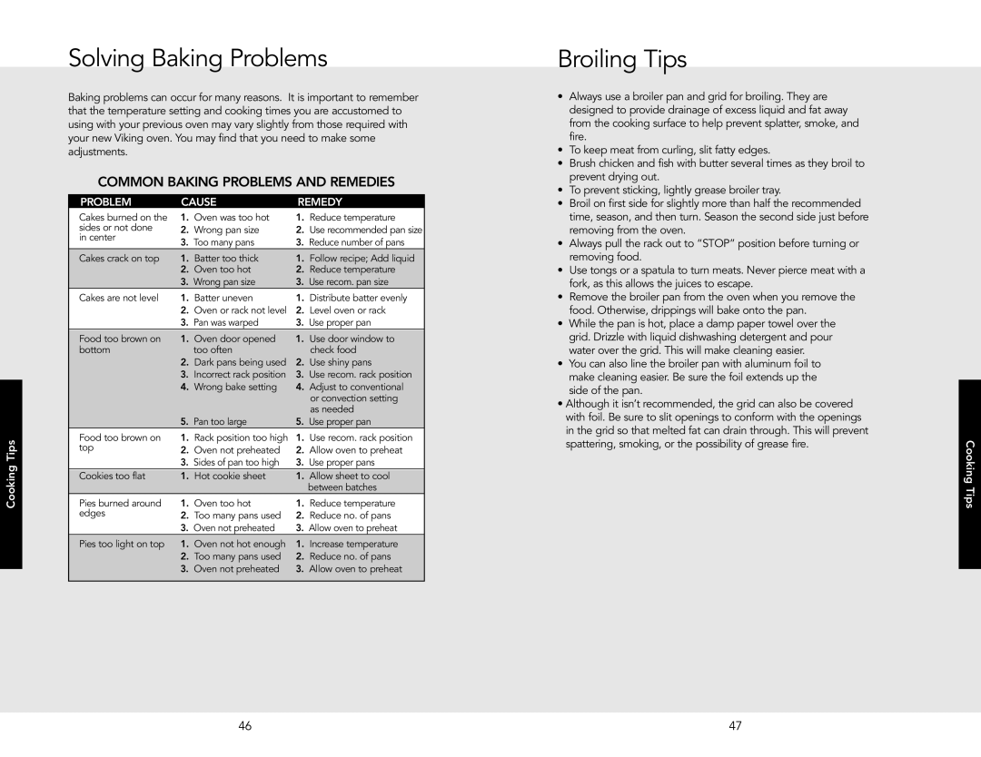 Viking VESO5302TAR, VESO5302TSS, VEDO530 Solving BakingProblems, Broiling Tips, Tokeep meat from curling, slit fatty edges 